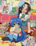  barefoot bed bedroom black_hair blue_hair drawing glasses green_eyes hat highres indoors izumi_konata left-handed long_hair lucky_star magazine manga_(object) mole mole_under_eye multiple_girls nishiya_futoshi notebook official_art red_eyes scan sitting tamura_hiyori yurijoshi 