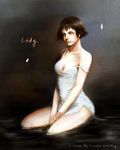  artist_request bare_shoulders black_hair devil_may_cry devil_may_cry_3 dress green_eyes heterochromia lady_(devil_may_cry) realistic red_eyes short_hair solo strap_slip 