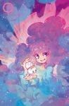  1girl artist_name barachan bee_(bee_and_puppycat) bee_and_puppycat bell crystal floating floating_object glowing jingle_bell long_hair long_sleeves looking_at_viewer official_art open_mouth puppycat purple_eyes purple_hair smile solo sparkle 