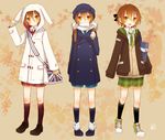  akane_(goma) animal_ears argyle argyle_legwear bag blush brown_hair bunny_ears casual coat fake_animal_ears goma_(11zihisin) hair_ribbon hat highres hood hoodie jacket loafers male male_focus necktie open_clothes open_mouth open_shirt orange_eyes original plaid ponytail ribbon scarf shirt shoes shorts simple_background sleeves_past_wrists smile sneakers socks solo sweater trap vest 