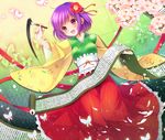  :d blush breasts bug butterfly calligraphy_brush flower hair_flower hair_ornament hieda_no_akyuu highres holding insect japanese_clothes medium_breasts nekosugi_(hoshi) open_mouth paintbrush petals purple_eyes purple_hair scroll short_hair smile solo touhou 