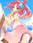  bare_shoulders breasts day dress flower hair_flower hair_ornament hairband holding long_hair magi_the_labyrinth_of_magic medium_breasts morgiana petals red_eyes red_hair see-through sky solo sparkle tsunekawa_niwasuke water 