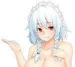  ao_banana braid breasts cleavage collarbone izayoi_sakuya large_breasts maid_headdress red_eyes short_hair silver_hair simple_background smile solo touhou twin_braids white_background 