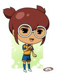  chibi full_body glasses hayami_tsurumasa inazuma_eleven_(series) inazuma_eleven_go male_focus mizuhara_aki open_mouth raimon raimon_soccer_uniform soccer_uniform solo sportswear standing white_background 