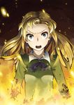  :o ascot blonde_hair burning burnt_clothes disintegration embers fire furrowed_eyebrows green_eyes highres ib long_hair mary_(ib) open_mouth rai32019 ringed_eyes solo spoilers tears v-shaped_eyebrows 