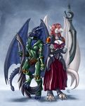  armor beatrix_(seisuke) big_breasts breasts dragon duo female hair horn seisuke selene sword weapon wings 