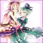  belt blonde_hair blush bracelet covering_mouth dress frame ghost_tail green_dress green_eyes green_hair hat hat_ribbon headphones jewelry multiple_girls petals purple_eyes ribbon ritual_baton shirt short_hair skirt sleeveless sleeveless_shirt soga_no_tojiko sword touhou toyosatomimi_no_miko ukita_uuko weapon 