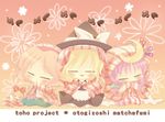  :&gt; alice_margatroid blonde_hair blush bow braid capelet closed_eyes crescent doll dress hair_bow hair_ribbon hat kirisame_marisa long_hair multiple_girls open_mouth patchouli_knowledge purple_hair ribbon shanghai_doll short_hair smile togima touhou witch_hat 