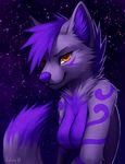  breasts canine cool_colors falvie female fur hair looking_at_viewer mammal outside purple_fur purple_hair purple_nose purple_theme solo space stars wolf yellow_eyes 
