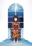  armchair barefoot brown_hair bubble chair fish floral_print full_body highres japanese_clothes kimono looking_at_viewer obi open_mouth orange_eyes original rai32019 sash short_hair sitting solo surreal water whale white_background window 