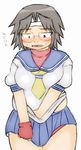  bad_id bad_pixiv_id blue_sailor_collar blush cosplay embarrassed fingerless_gloves genshiken glasses gloves kasugano_sakura kasugano_sakura_(cosplay) nokorokke panties plump red_panties sailor_collar school_uniform serafuku skirt solo street_fighter underwear yajima_mirei 