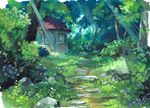  bad_pixiv_id building calligraphy_brush_(medium) grass karigurashi_no_arrietty light_rays miso_pan no_humans paint_(medium) path road scenery sunbeam sunlight traditional_media tree 