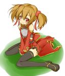  black_legwear blush brown_hair colorized highres hinokuro red_eyes silica sitting smile solo sword_art_online thighhighs wariza 