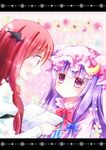  :o argyle argyle_background bangs blunt_bangs book bow bowtie flower from_side hair_ribbon hat koakuma lace_background letterboxed looking_at_another magic_circle multiple_girls murasaki_(murasakiiro_no_yoru) open_book patchouli_knowledge pink_background profile purple_hair red_hair ribbon rose star touhou tress_ribbon 