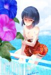  &gt;:( bad_id bad_pixiv_id bangs black_hair blunt_bangs blurry brown_eyes depth_of_field flower frown hair_ornament holding_arm japanese_clothes kimono locon looking_to_the_side male_focus morning_glory nipples original otoko_no_ko shirtless sidelocks sitting solo sumizome_(locon) tsurime undressing v-shaped_eyebrows 