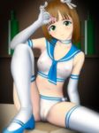  amami_haruka arm_support ascot bangs bare_shoulders bikini blue_choker blue_footwear blue_neckwear blue_sailor_collar blurry blush breasts brown_hair cameltoe choker closed_mouth collarbone commentary_request condom covered_nipples elbow_gloves gloves green_eyes hand_up head_tilt highres holding holding_condom idolmaster idolmaster_(classic) indoors knee_up light_smile looking_at_viewer medium_breasts navel pussy_juice pussy_juice_puddle sailor_bikini sailor_collar sailor_swimsuit_(idolmaster) samejima_minoru shoes short_hair sitting solo swimsuit thighhighs thighs vignetting white_legwear 
