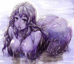  ass blush breasts dripping eyebrows fang goo_girl highres large_breasts leaning_forward long_hair monster_girl nude open_mouth original pointy_ears purple_eyes purple_hair purple_skin sasagawa_(haikaiki) slime solo wading water 