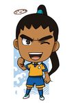  chibi dark_skin dark_skinned_male full_body inazuma_eleven_(series) inazuma_eleven_go long_hair male_focus mizuhara_aki nishiki_ryouma one_eye_closed open_mouth raimon raimon_soccer_uniform soccer_uniform solo sportswear standing white_background 