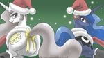  blue_eyes blue_hair bow butt christmas_hat cutie_mark duo equine female feral friendship_is_magic hair horn horse john_joseco long_hair looking_at_viewer mammal my_little_pony pony princess princess_celestia_(mlp) princess_luna_(mlp) princess_molestia_(mlp) ribbons royalty smile socks tongue tongue_out winged_unicorn wings 