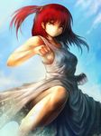  :t breasts clenched_hands cloud day fighting_stance legs magi_the_labyrinth_of_magic medium_breasts morgiana one_side_up pout red_eyes red_hair revision sideboob sky solo yilx 