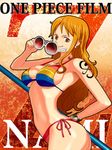  arm_behind_back armpits ass bangle bikini bracelet breasts character_name clima-tact copyright_name cowboy_shot earrings eyewear_removed holding holding_eyewear jewelry large_breasts log_pose long_hair nami_(one_piece) navel necklace one_piece one_piece_film_z orange_eyes orange_hair shadow side-tie_bikini sideboob sidelocks smile solo sunglasses suyu38 swimsuit tattoo underboob very_long_hair 