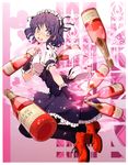  :d absurdres aka_ringo alcohol black_legwear dress finger_to_mouth fingernails frills heart highres huge_filesize lavender_eyes long_fingernails maid_headdress million_arthur_(series) nail_polish open_mouth pantyhose purple_hair red_footwear scan shoes short_hair smile solo wine 