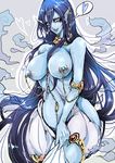  absurdres armlet bad_id bad_pixiv_id blue_eyes blue_hair blue_skin breasts chain curvy heart highres large_breasts lips long_hair looking_at_viewer magi_the_labyrinth_of_magic n-jou_(princealbert) nipple_piercing nipples paimon piercing pointy_ears smile solo spoken_heart topless very_long_hair wide_hips 