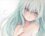  blue_eyes blue_hair isegawa_yasutaka long_hair looking_at_viewer nude original smile solo traditional_media upper_body 