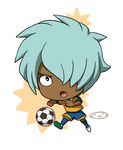  ball blue_hair chibi dark_skin dark_skinned_male full_body hair_over_one_eye inazuma_eleven_(series) inazuma_eleven_go kurama_norihito lowres male_focus mizuhara_aki open_mouth raimon raimon_soccer_uniform soccer_ball soccer_uniform solo sportswear telstar white_background 