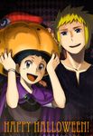  2boys age_difference blonde_hair blue_hair denji_(pokemon) denzi_(pokemon) halloween happy kouki_(pokemon) male male_focus multiple_boys pokemon short_hair smile 