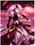  absurdres armor ayakura_juu bridal_gauntlets dress elbow_gloves faulds feathers gloves head_tilt highres horns huge_filesize lavender_hair lightning long_hair million_arthur_(series) nail_polish purple_eyes scan sheath solo sword weapon 