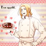  axis_powers_hetalia blonde_hair blue_eyes cake food france_(hetalia) male male_focus moguimo smile standing sweets 
