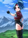  ass blue_hair bule fingerless_gloves gloves headband hinata_(pokemon) jacket leotard mountain pokemon pokemon_ranger pokemon_ranger_uniform red_eyes scenery short_hair solo thighhighs thumbs_up 