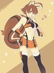  animal_ears blazblue breasts brown_eyes brown_hair eighth_note gloves makoto_nanaya medium_breasts midriff musical_note orange_skirt revealing_clothes sk_(ryolove) skirt smile solo squirrel_ears squirrel_tail tail thighhighs underboob 