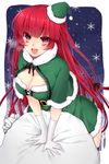  :d black_legwear blush braid breasts capelet cleavage gloves hair_ribbon hat large_breasts long_hair looking_at_viewer mi_(liki1020) open_mouth original pink_eyes red_hair ribbon sack santa_hat single_braid smile snowflakes solo thighhighs very_long_hair white_gloves 