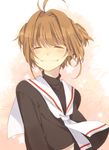  brown_hair cardcaptor_sakura closed_eyes green_eyes hair_intakes kina_(milele) kinomoto_sakura revision school_uniform serafuku short_hair smile solo tomoeda_elementary_school_uniform 