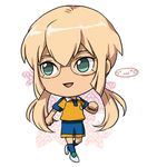  chibi full_body fusion glasses green_eyes inazuma_eleven_(series) inazuma_eleven_go inazuma_eleven_go_chrono_stone kirino_ranmaru kirino_ranmaru_(mixi_max_jeanne_d'arc) long_hair lowres male_focus mizuhara_aki open_mouth raimon raimon_soccer_uniform soccer_uniform solo sportswear twintails white_background 