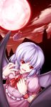  bad_id bad_pixiv_id bat_wings cloud fang foferozze hat hat_removed headwear_removed highres looking_at_viewer moon open_mouth puffy_sleeves purple_hair red_eyes red_moon remilia_scarlet short_hair short_sleeves solo touhou wings wrist_cuffs 
