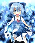  akisha bad_id bad_pixiv_id blue_eyes blue_hair blush bow cirno dress fang hair_bow highres ice ice_wings open_mouth short_hair solo touhou wings 