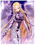  absurdres armor bangs blonde_hair bunbun facial_mark forehead forehead_mark galahad_(million_arthur) gloves headgear highres huge_filesize lips long_hair million_arthur_(series) mole parted_bangs purple_eyes scan solo sword very_long_hair weapon white_gloves 