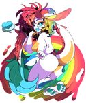  ashiji ashiji_(character) big_ears blue_eyes blue_tongue breasts butt female hair horn looking_at_viewer multi-colored_hair nude pawpads rainbow rainbow_hair side_boob solo 