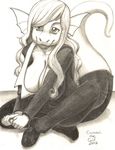  2012 anthro beatrix_(seisuke) big_breasts bipedal black_pants black_shirt breasts business_suit cleavage clothed clothing crosslegged curled_tail curly_hair dragon female frills front_view full-length_portrait greyscale hair hi_res huge_breasts long_hair looking_at_viewer monochrome pencil_(art) plain_background seisuke shoes shy signature sitting smile solo stevefarfan thick_tail three-quarter_view traditional_media white_background 