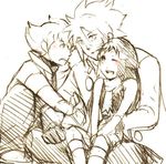  1girl 2boys blush father_and_son hikari_(pokemon) jun_(pokemon) kurotsugu_(pokemon) lowres monochrome multiple_boys pokemon ymy 