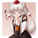  alternate_costume animal_ears blush closed_eyes detached_sleeves handkerchief haruna_mao hat hat_ribbon inubashiri_momiji kourindou_tengu_costume obi revision ribbon sash shirt short_hair silver_hair skirt solo tail tokin_hat touhou wolf_ears wolf_tail 