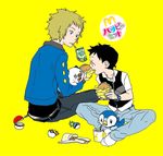  2boys age_difference blonde_hair blue_hair denji_(pokemon) denzi_(pokemon) kouki_(pokemon) male male_focus mcdonald&#039;s mcdonald's multiple_boys oshawott piplup pokemon short_hair 