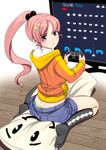  argyle argyle_legwear black_legwear blue_eyes blush controller dimples_of_venus dualshock game_controller gamepad hair_bobbles hair_ornament hairclip hood hood_down hoodie kneehighs looking_at_viewer looking_back masao no_shoes open_mouth original panties pillow pink_hair playing_games ponytail shorts sitting smiley_face solo space_invaders striped striped_panties television underwear wariza 