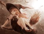  bat blonde_hair broom broom_riding hat kirisame_marisa long_hair mikanniro puffy_sleeves short_sleeves sidesaddle socks solo touhou white_legwear witch_hat yellow_eyes 