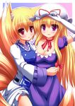  animal_ears blonde_hair bow breasts cleavage dress elbow_gloves fox_ears fox_tail gloves hair_bow hat hat_ribbon highres hug liya long_hair medium_breasts multiple_girls no_hat no_headwear open_mouth purple_eyes red_eyes ribbon short_hair smile tail touhou white_gloves yakumo_ran yakumo_yukari 