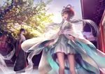  architecture chinese_clothes chopsticks commentary_request crossdressing day east_asian_architecture fan green_eyes hair_ornament hanfu long_hair luo_tianyi mayoimayoi multiple_girls outdoors pink_eyes short_hair_with_long_locks silver_hair vocaloid vocanese yuezheng_ling 