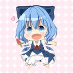  akisha bad_id bad_pixiv_id blue_eyes blue_hair blush bow chibi cirno dress fang food hair_bow heart ice ice_wings open_mouth popsicle solo touhou watermelon_bar wings 